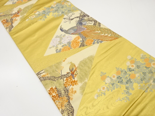 JAPANESE KIMONO / ANTIQUE FUKURO OBI / SILK / WOVEN PEACOCK & FLOWER